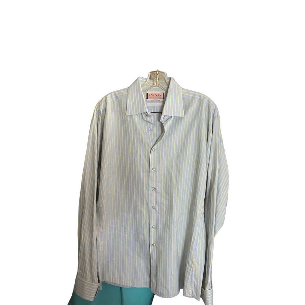 Pink, Thomas, pink, men’s, slim fit, longsleeve French cuffs, striped shirt, siz